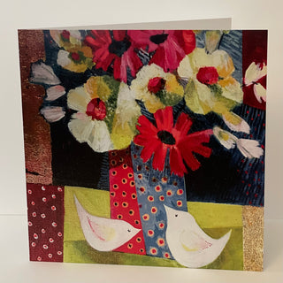 Jennifer McIntyre - Card - Red & white flowers with white birds - Jennifer McIntyre - McMillan Arts Centre Gallery, Gift Shop and Box Office - Vancouver Island Art Gallery