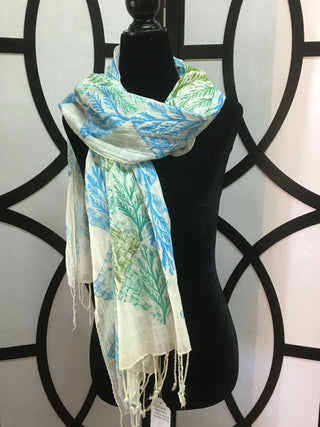 Margie Davidson - Scarf - Organic cotton, cedar print in green and blue - Margie Davidson - McMillan Arts Centre Gallery, Gift Shop and Box Office - Vancouver Island Art Gallery