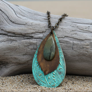 Alasha Lantinga - Necklace - "Sienna" huge faceted Labradorite, tribal text - Alasha Lantinga - Jewellery - McMillan Arts Centre & MAC Box Office