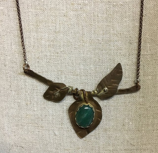 Shambles Jewelry Design - Necklace - Copper leaves inset with jade - MAC-Donation - McMillan Arts Centre Gallery, Gift Shop and Box Office - Vancouver Island Art Gallery