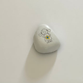 Dana Wagner - Rock Art - Girl holding yellow/blue flower, small - Dana Wagner - McMillan Arts Centre Gallery, Gift Shop and Box Office - Vancouver Island Art Gallery