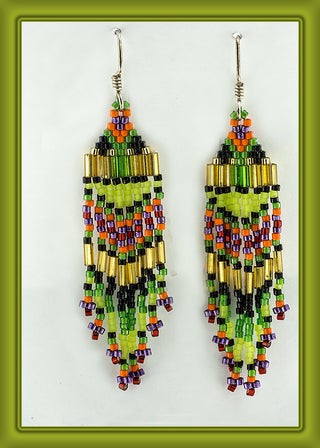 Bruce Thurston - Earrings Beaded Design orange, green, gold, purple - Bruce Thurston - McMillan Arts Centre Gallery, Gift Shop and Box Office - Vancouver Island Art Gallery