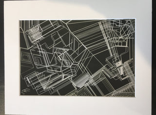 Brian T. Gartley - Line art - original, white lines on black background,matted - Brian T. Gartley - McMillan Arts Centre Gallery, Gift Shop and Box Office - Vancouver Island Art Gallery