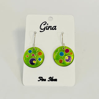 Gina Shear - Earrings - Large Circle, green with multi-coloured circles - Gina Shear - McMillan Arts Centre Gallery, Gift Shop and Box Office - Vancouver Island Art Gallery