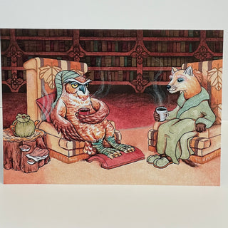 Andrea Walters - Card - Owl & Marten enjoying hot drinks - Andrea Walters - McMillan Arts Centre Gallery, Gift Shop and Box Office - Vancouver Island Art Gallery
