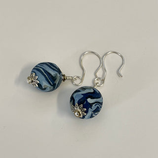 Lynn Orriss - Earrings - Dark navy swirls, medium ball - Lynn Orriss - McMillan Arts Centre Gallery, Gift Shop and Box Office - Vancouver Island Art Gallery
