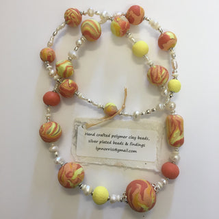 Lynn Orriss - Necklace - Orange and yellow polymer beads and pearls - Lynn Orriss - McMillan Arts Centre Gallery, Gift Shop and Box Office - Vancouver Island Art Gallery