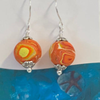 Lynn Orriss - Earrings - Orange and yellow swirls, round - Lynn Orriss - McMillan Arts Centre Gallery, Gift Shop and Box Office - Vancouver Island Art Gallery