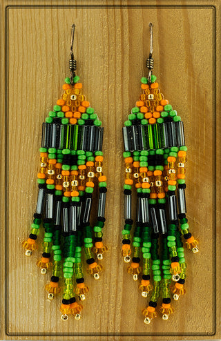 Bruce Thurston - Earrings Beaded Design  orange, light green, dark green - Bruce Thurston - McMillan Arts Centre Gallery, Gift Shop and Box Office - Vancouver Island Art Gallery