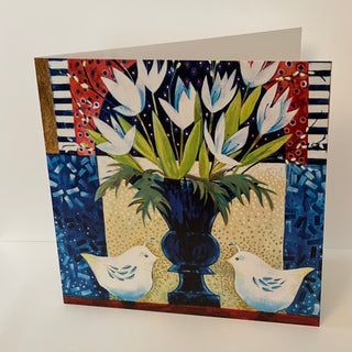Jennifer McIntyre - Card - White tulips in blue vase - Jennifer McIntyre - McMillan Arts Centre Gallery, Gift Shop and Box Office - Vancouver Island Art Gallery