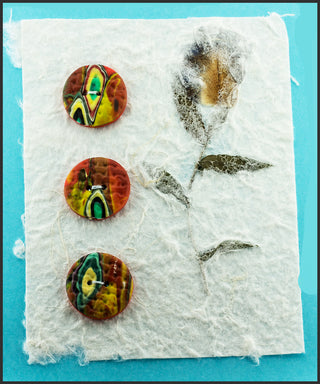 Lynn Orriss - Polymer Clay Button set of 3 - orange with green & yellow - Lynn Orriss - McMillan Arts Centre Gallery, Gift Shop and Box Office - Vancouver Island Art Gallery