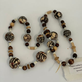 Lynn Orriss - Necklace - Brown swirl beads mixed with wooden beads - Lynn Orriss - McMillan Arts Centre Gallery, Gift Shop and Box Office - Vancouver Island Art Gallery