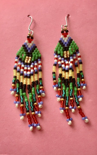 Bruce Thurston - Earrings -  Beaded design, purple, navy, red, green, - Bruce Thurston - McMillan Arts Centre Gallery, Gift Shop and Box Office - Vancouver Island Art Gallery