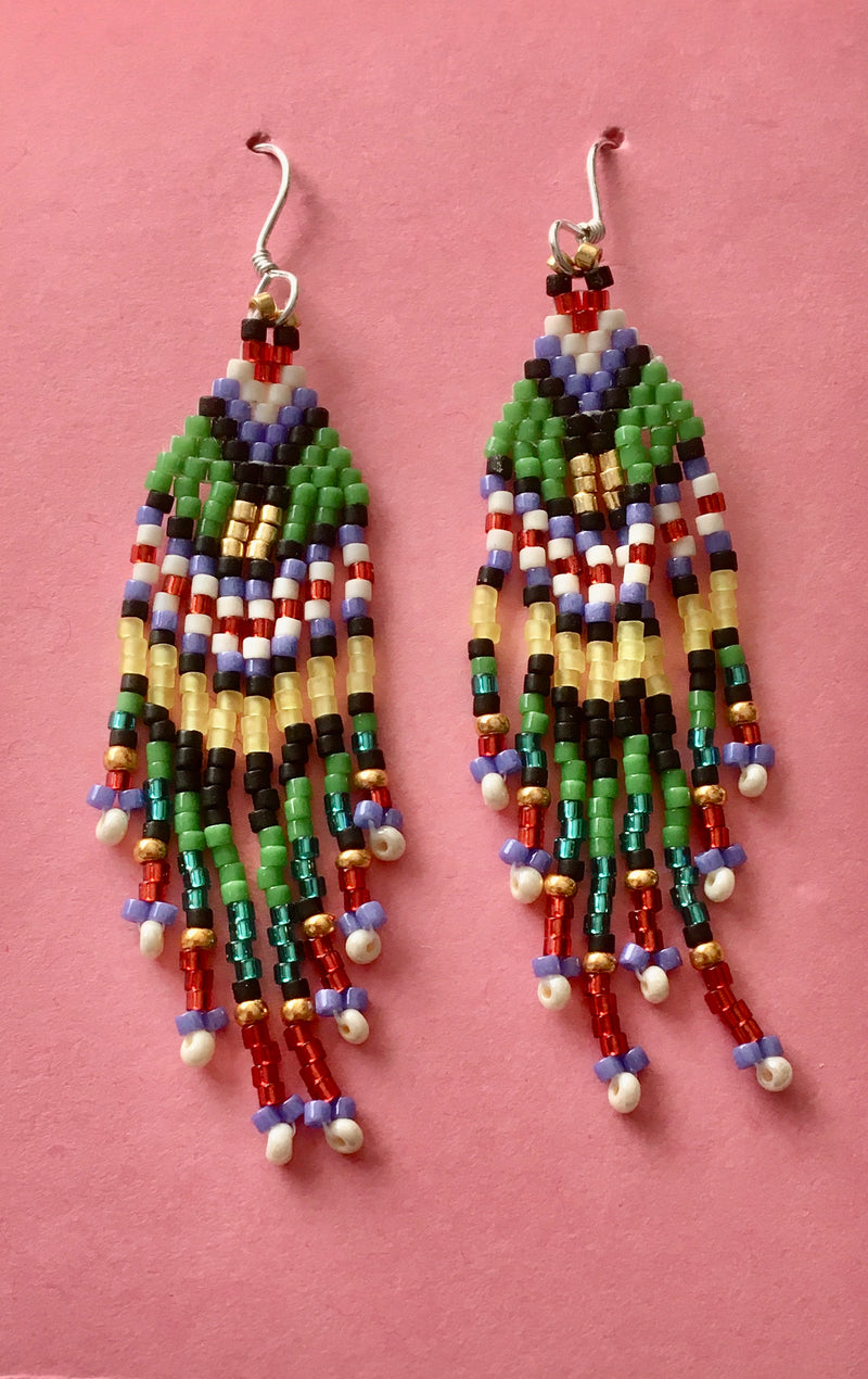 Bruce Thurston - Earrings -  Beaded design, purple, navy, red, green, - Bruce Thurston - McMillan Arts Centre Gallery, Gift Shop and Box Office - Vancouver Island Art Gallery