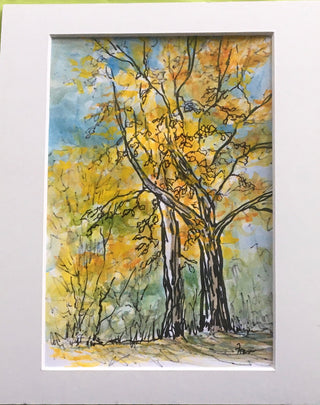 Fran Renwick - Watercolour Painting -  Yellow Trees, matted, unframed - Fran Renwick - McMillan Arts Centre Gallery, Gift Shop and Box Office - Vancouver Island Art Gallery
