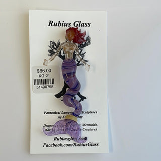 Rubius Glass - Suncatcher - Large Mermaid - Purple body, red hair - Kristina Gray - McMillan Arts Centre Gallery, Gift Shop and Box Office - Vancouver Island Art Gallery