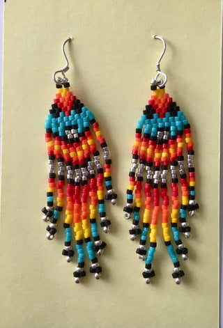 Bruce Thurston - Earrings -  Beaded design, turquoise, red, orange, yellow, black, silver - Bruce Thurston - McMillan Arts Centre Gallery, Gift Shop and Box Office - Vancouver Island Art Gallery