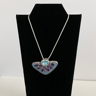 Gina Shear - Pendant - Purple feathers with blue topaz on sterling silver chain - Gina Shear - McMillan Arts Centre Gallery, Gift Shop and Box Office - Vancouver Island Art Gallery