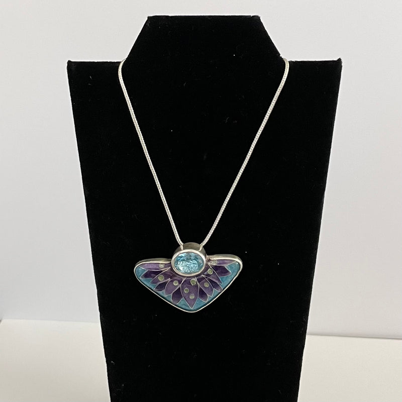 Gina Shear - Pendant - Purple feathers with blue topaz on sterling silver chain - Gina Shear - McMillan Arts Centre Gallery, Gift Shop and Box Office - Vancouver Island Art Gallery