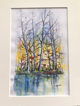 Fran Renwick - Watercolour painting -Trees & Water, matted, unframed - Fran Renwick - McMillan Arts Centre Gallery, Gift Shop and Box Office - Vancouver Island Art Gallery
