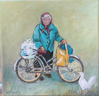 Fay St. Marie - Painting - "Baba, Bike & Duck"  acrylic  6" x 6" - Fay St. Marie - Acrylic - McMillan Arts Centre & MAC Box Office